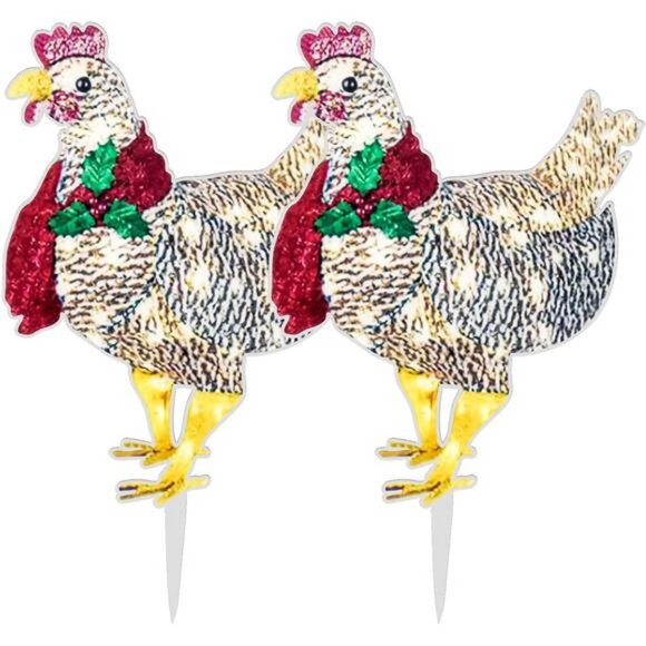 2PCS Light-Up Chicken with Scarf Holiday Decoration LED Christmas Outdoor Decor